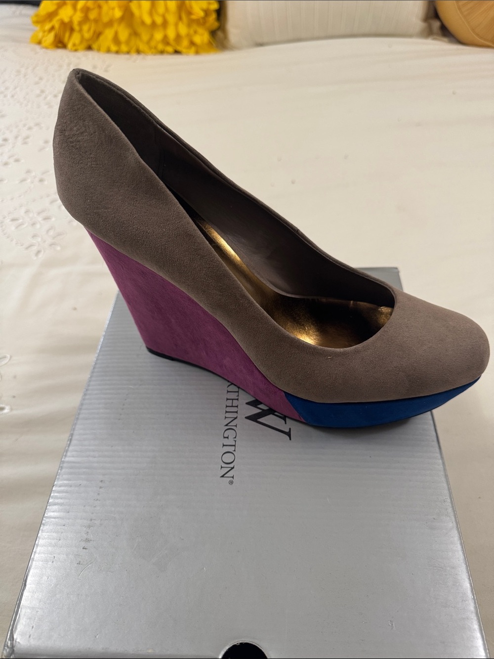 Worthington Taupe Suede Wedges with Pink and Blue Accents